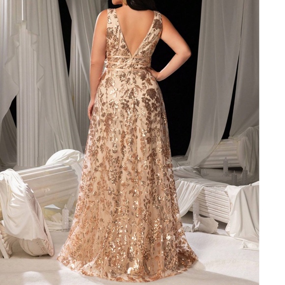 Plus Champagne Floral Sequin Mesh Formal Black Tie Wedding Dress - Picture 12 of 14